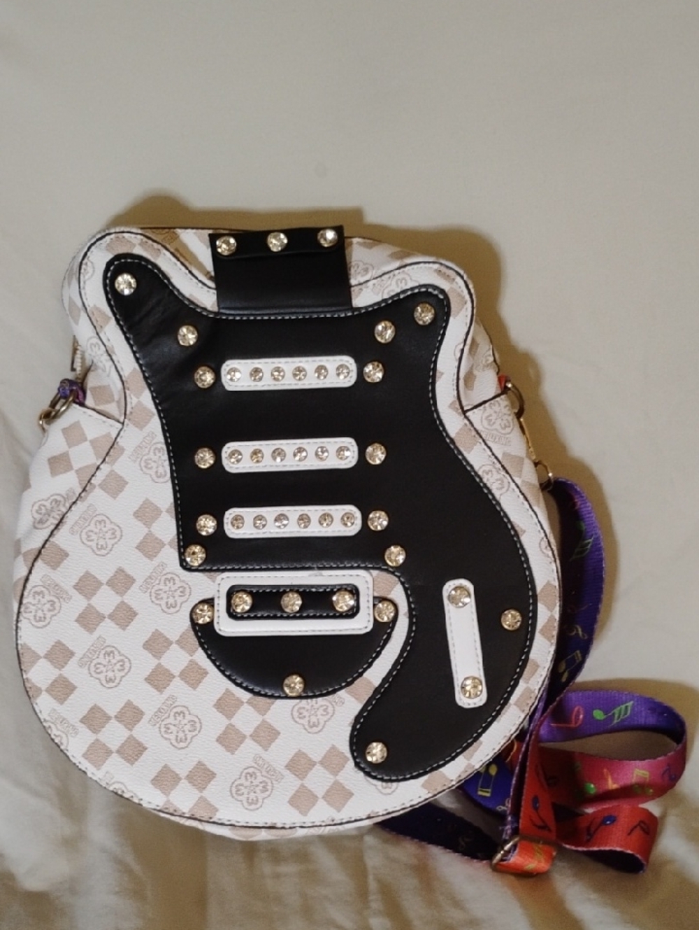 White and Black Studded Guitar-Shaped Crossbody Bag